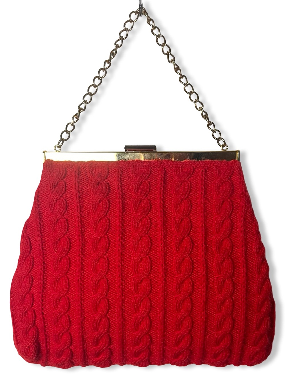 VTG Cable Knit Handbag‎ Red Brass Frame Chain Strap Clutch Purse 70s 80s